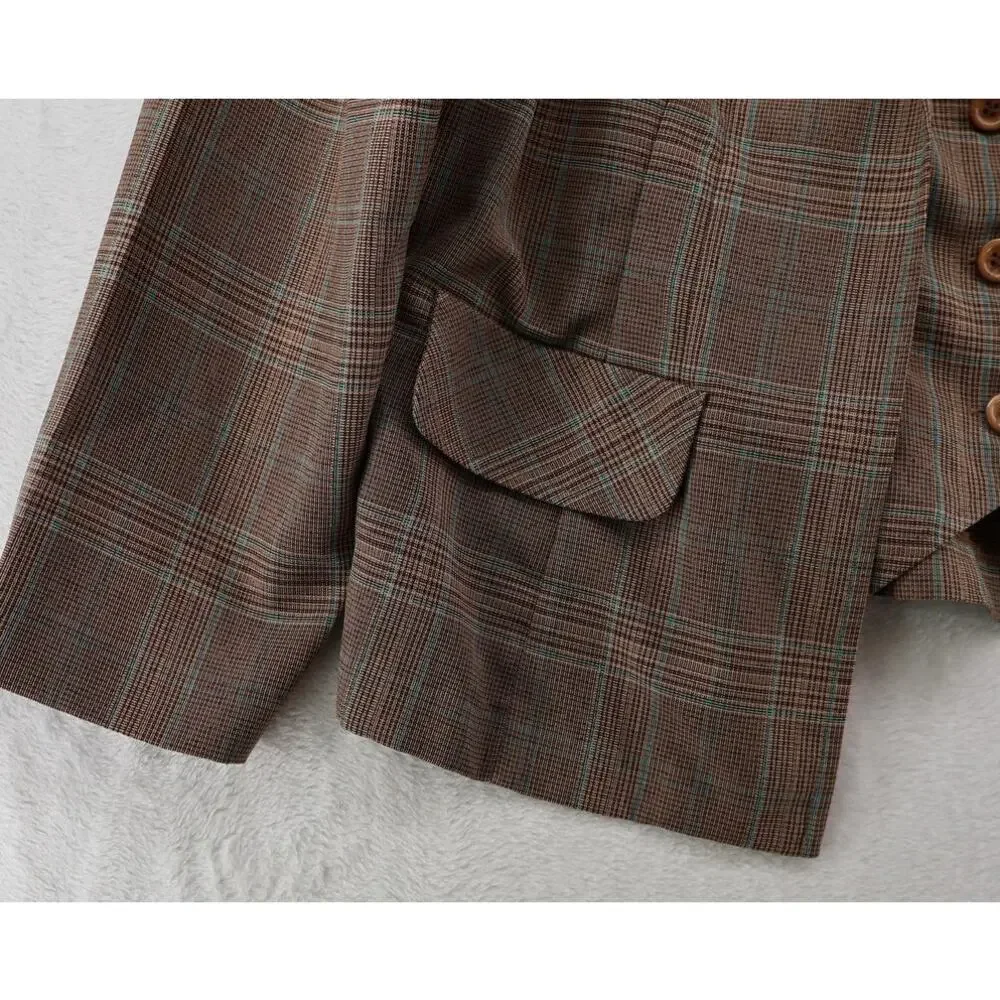 VTG Sag Harbor Glen Plaid Blazer Attached Vest 20W Power Suit 80s 90s